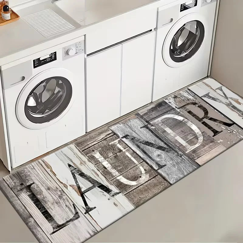 A rectangular indoor rug featuring wood grain print letters spelling out the word laundry