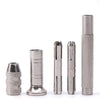 A set of four interchangeable leather sewing awl needles shown in silver metal.
