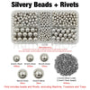 A clear box containing silvery beads and rivets, with separate sections showing various bead sizes.