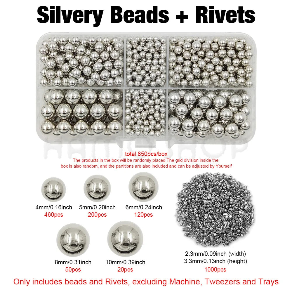 A clear box containing silvery beads and rivets, with separate sections showing various bead sizes.