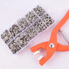 A clear plastic kit containing metal snap buttons and pliers for DIY sewing crafts.