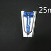 A close-up view of a precision bias tape maker tool, silver and blue, with a 25mm dimension marker.