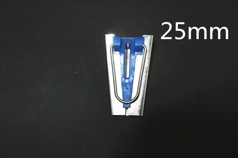 A close-up view of a precision bias tape maker tool, silver and blue, with a 25mm dimension marker.