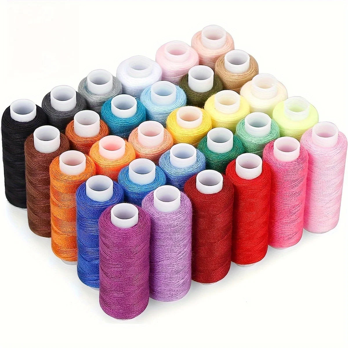 A collection of 12 rolls of mixed-color polyester sewing thread in various shades of pink, yellow, green, and blue.