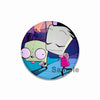 An enamel pin featuring a stylized, pale gray character with large eyes and a pink outfit against a purple and orange backgro