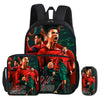 Black football sport backpack featuring a vibrant graphic of soccer players.