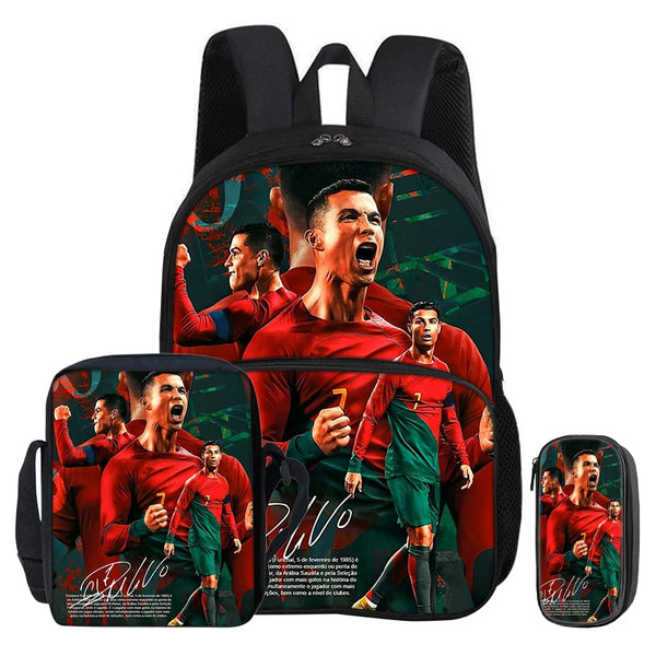 Black football sport backpack featuring a vibrant graphic of soccer players.