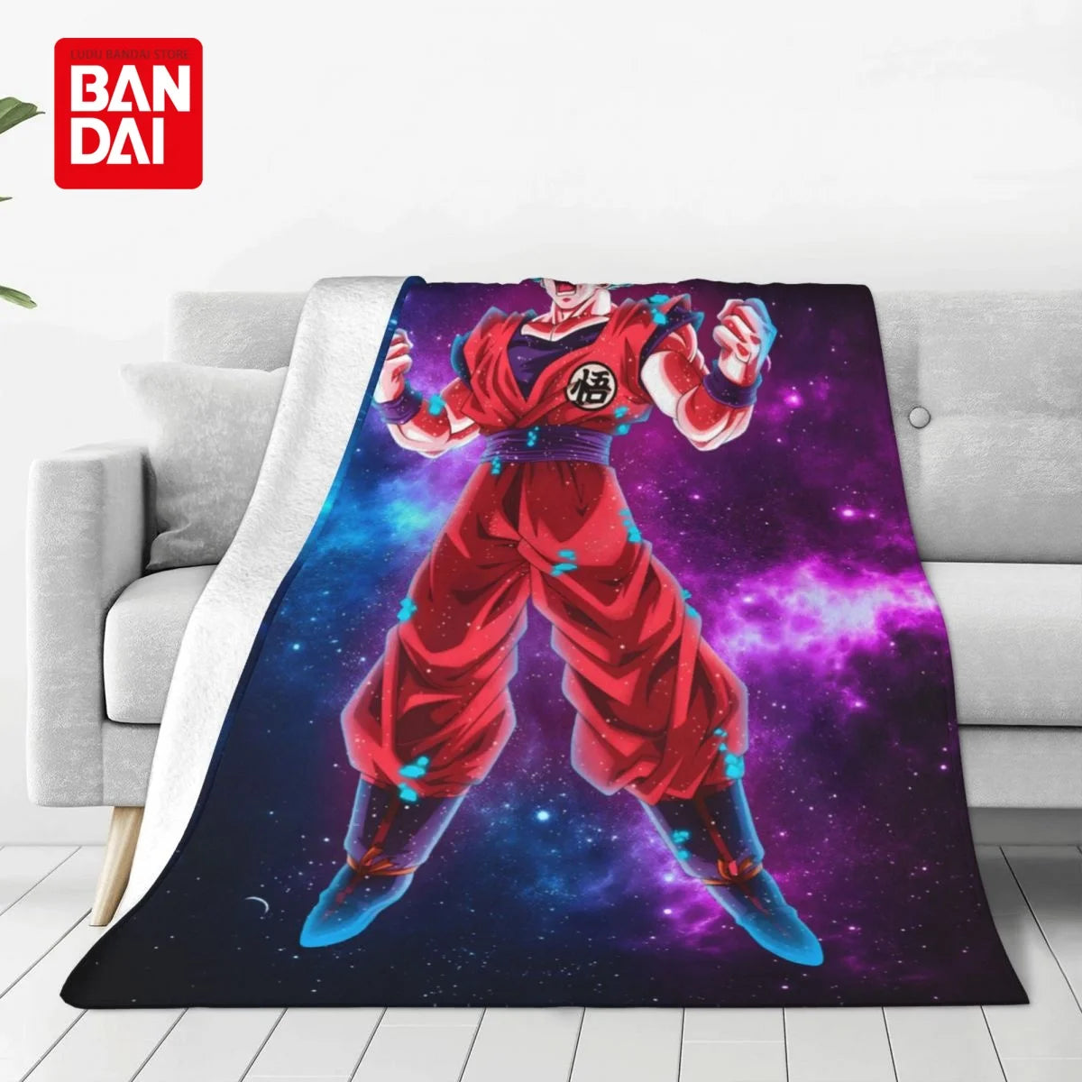 A plush blanket featuring an anime character in a red outfit against a purple and blue cosmic background.