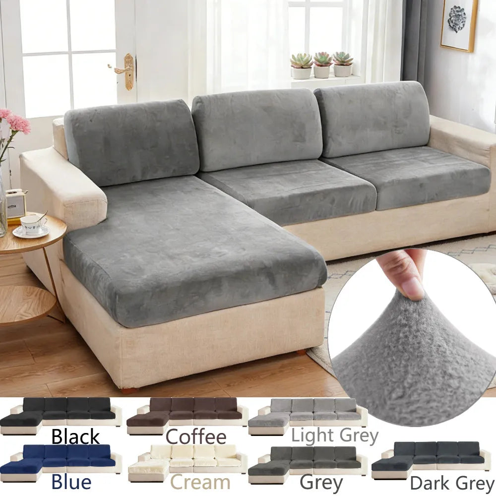 A collection of plush stretch sofa seat cushion covers in various colors including black, blue, cream, light grey, and dark g