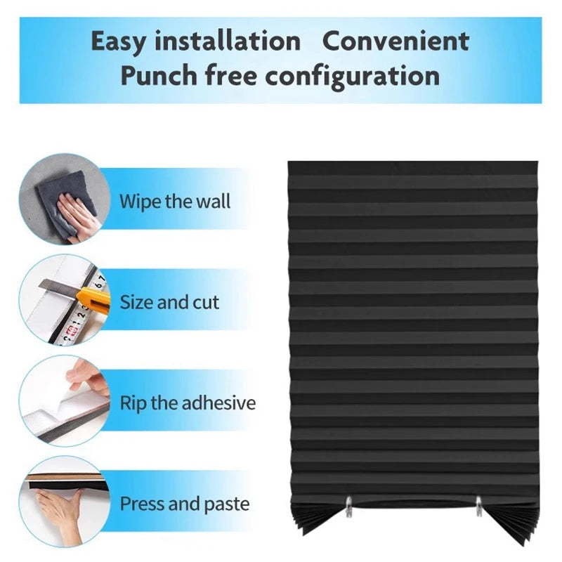 Instructions for easy installation of non-woven pleated blackout curtains, showing steps like wiping the wall and pressing th