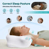 A person sleeping comfortably on a white ergonomic neck pillow designed to meet the body's 15 degree sleep golden curvature.