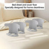 Gray bed sheet and cover fixers designed for home cleanliness shown on a bed.