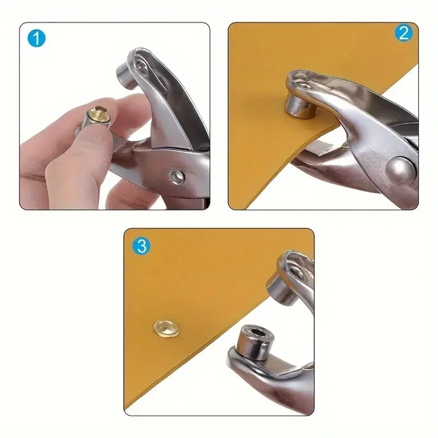 A three-step process showing how to use a 1/4 inch grommet eyelet punch kit to create holes in material.