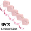 Five pink retractable measurement tapes with pink cords shown against a white background.