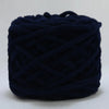 A ball of dark navy blue chenille knitting yarn used for hand crafting.
