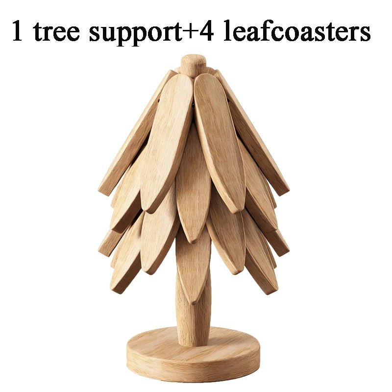 A wooden tree support with four leaf coasters made of natural wood.