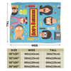 A colorful throw blanket featuring a cartoon character with a beard and various food items like burgers and fruit.