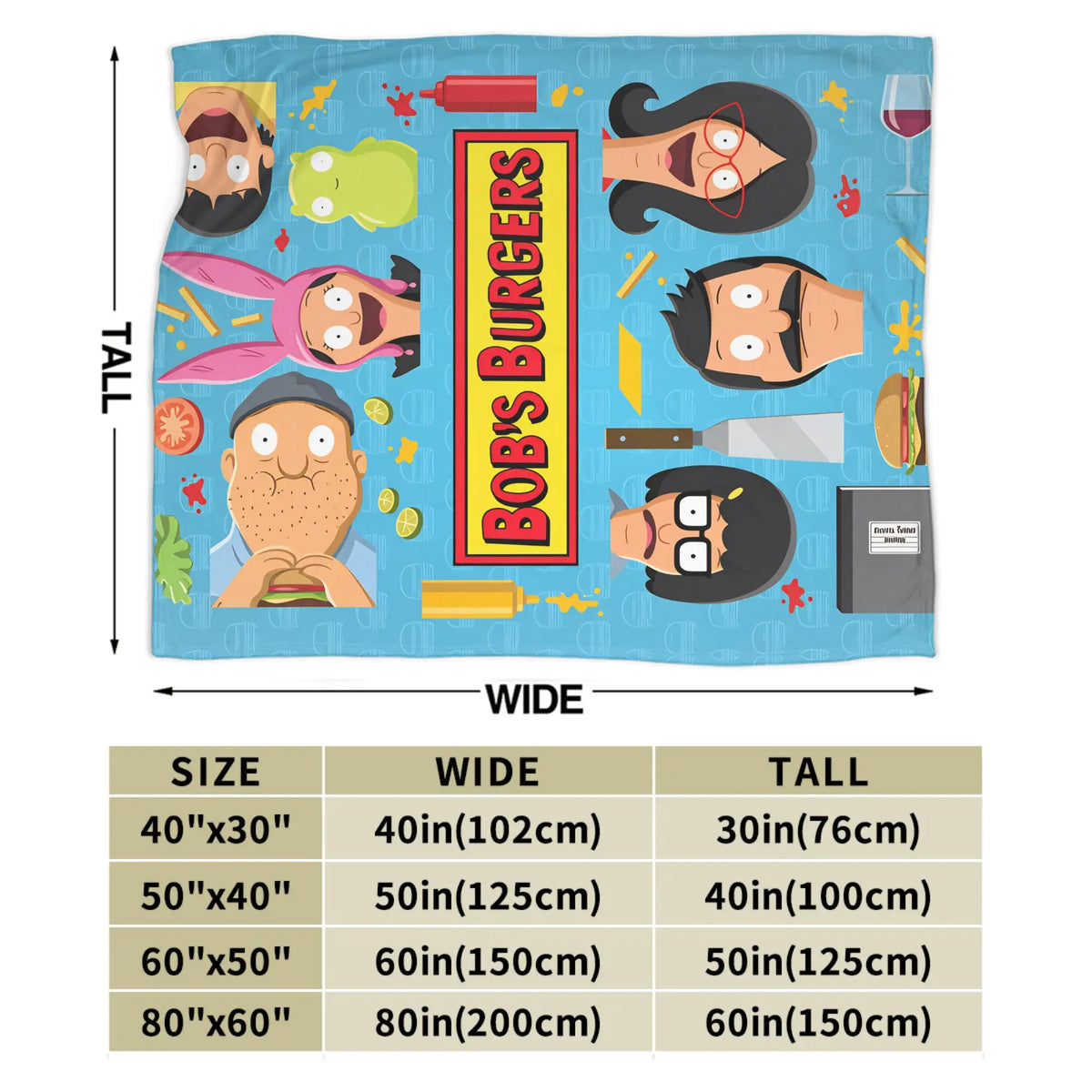A colorful throw blanket featuring a cartoon character with a beard and various food items like burgers and fruit.