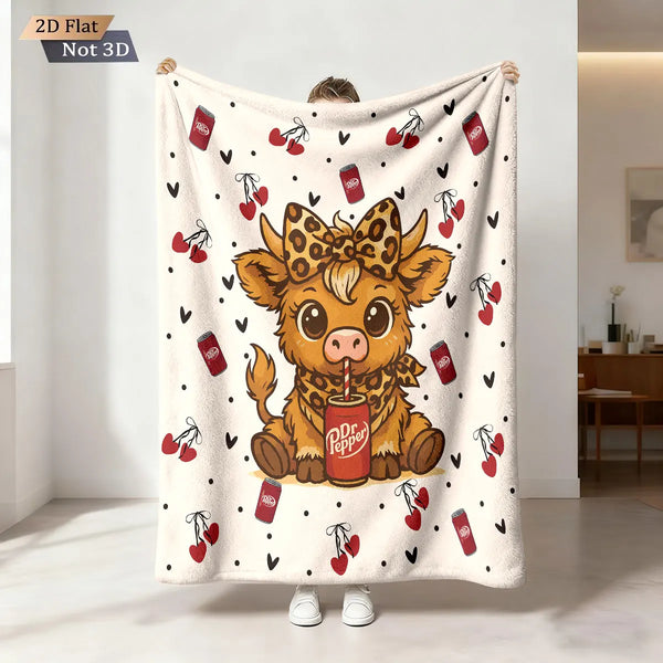 A cream-colored flannel blanket featuring a cartoon Highland cow print with red berries and a red can.