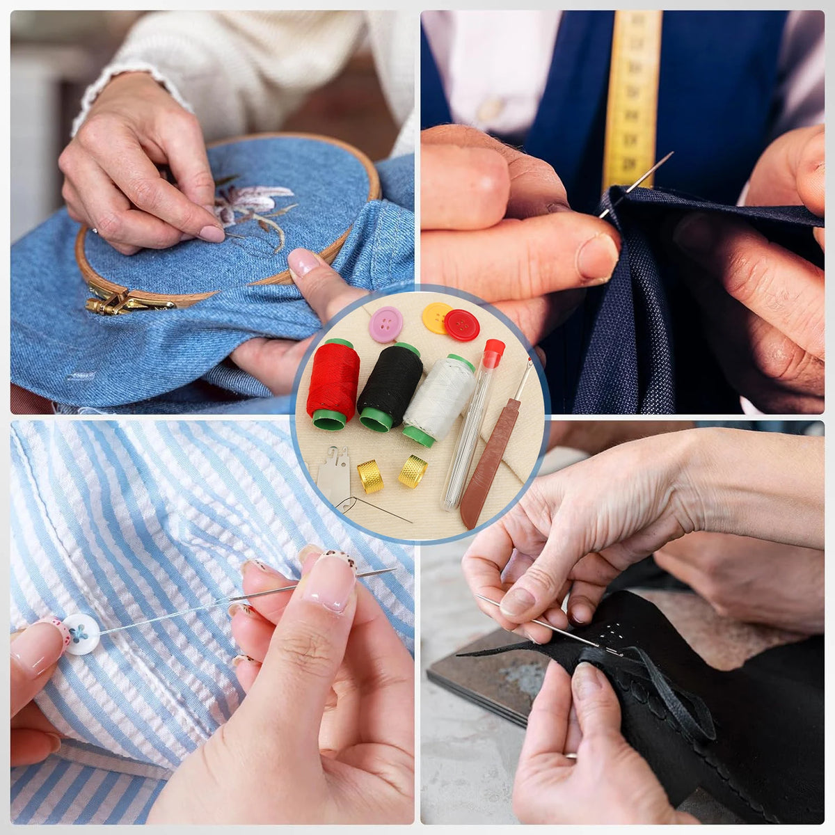 Hands demonstrating the use of a portable sewing needle kit for embroidery and crafting.