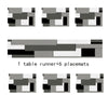 A set of one table runner and six placemats featuring modern geometric patterns in shades of gray and black.
