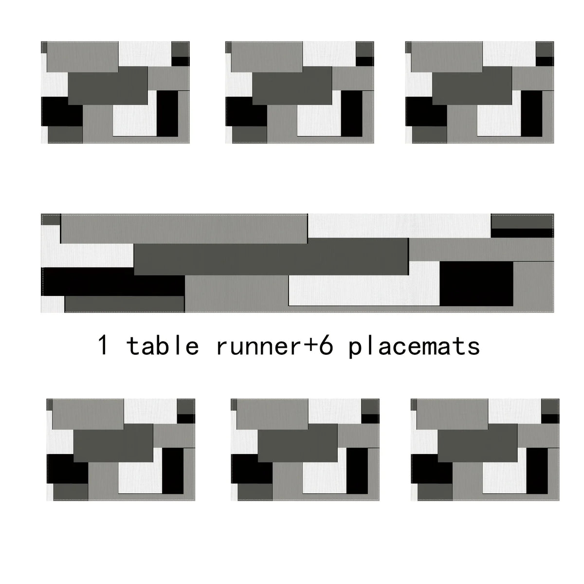 A set of one table runner and six placemats featuring modern geometric patterns in shades of gray and black.