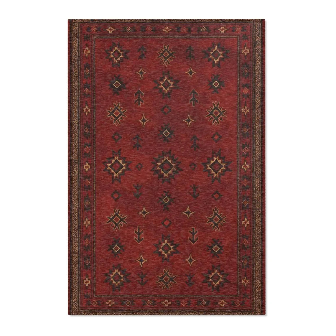 A deep red bohemian Turkish style area rug with intricate geometric patterns.