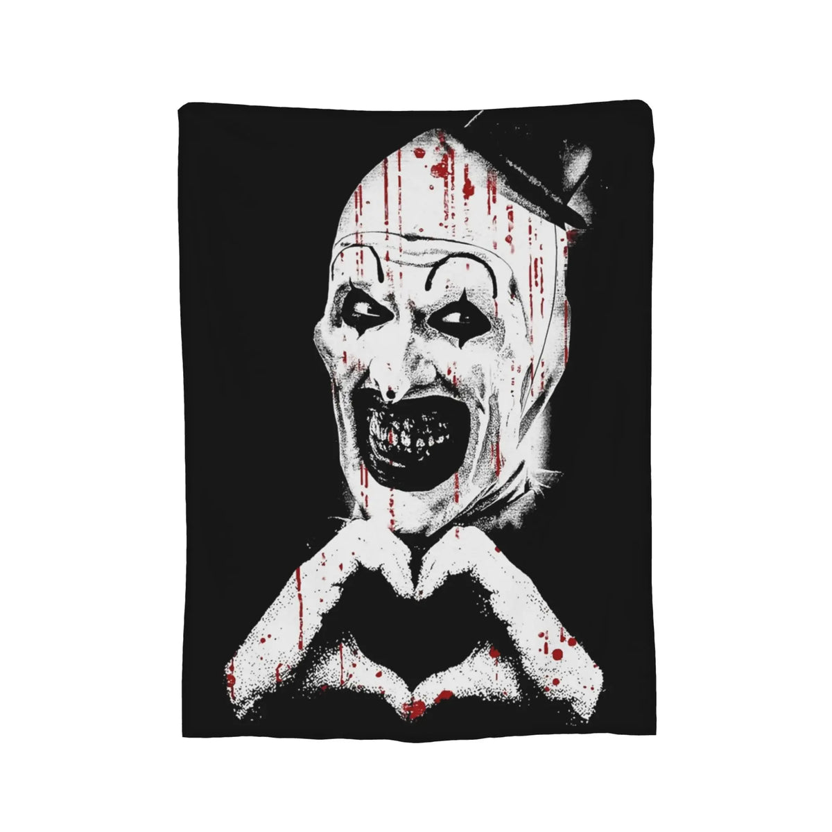 A black and white graphic featuring a menacing, stylized skull face with blood splatter details.