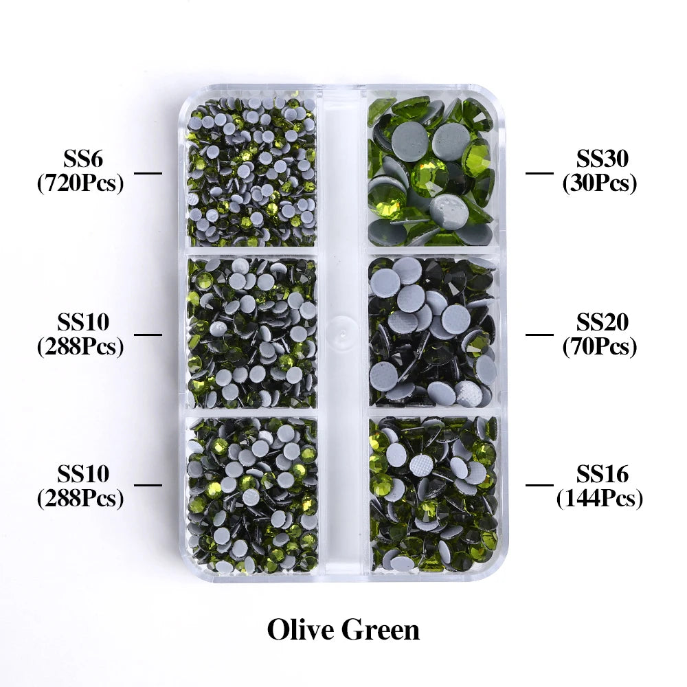 A clear plastic container holds various sizes of olive green glass rhinestones categorized by SS6, SS10, SS16, SS20, and SS30