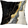 Decorative pillow cover featuring a marble print design with black, gold, and white tones.