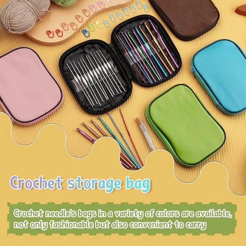 A variety of colorful crochet needle storage bags and a complete set of knitting needles are displayed on a yellow background