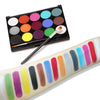 A palette of 15 colorful face and body paints is shown with a brush on a tube.