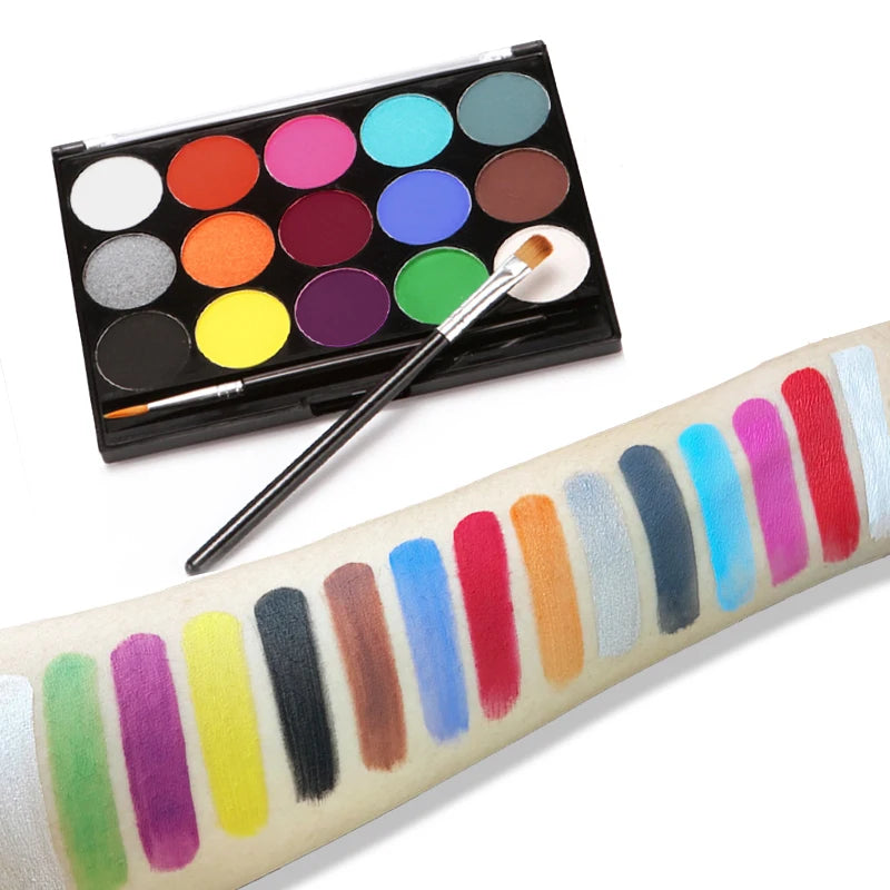 A palette of 15 colorful face and body paints is shown with a brush on a tube.