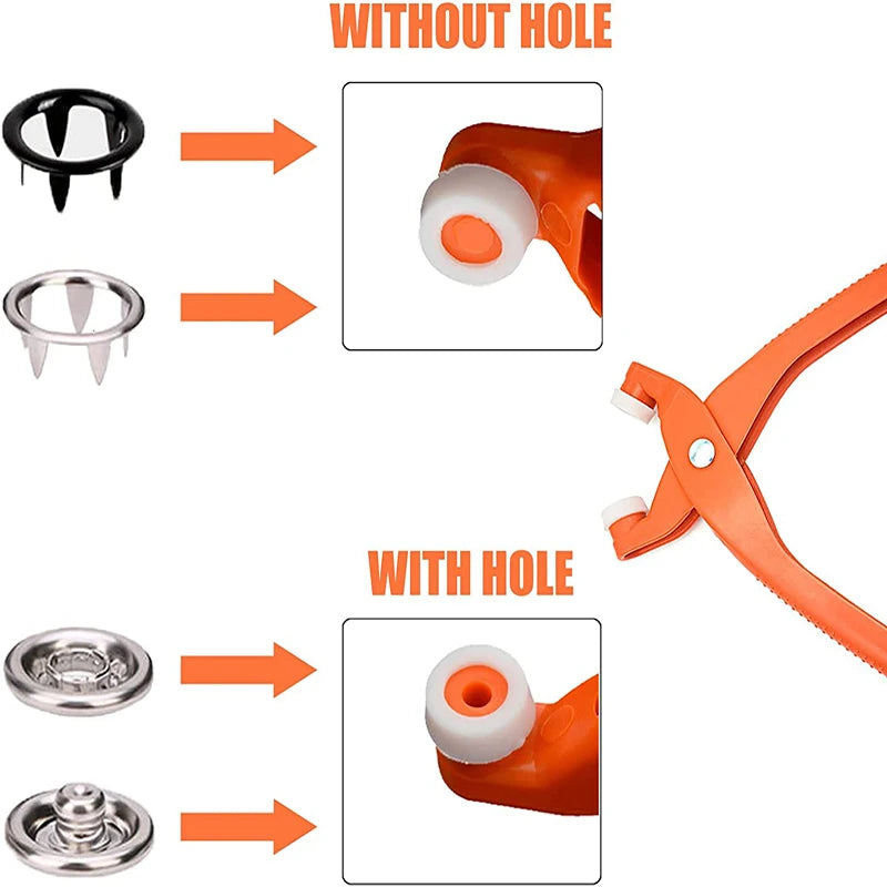 Comparison of a metal and plastic snap button kit without a hole and with a hole.