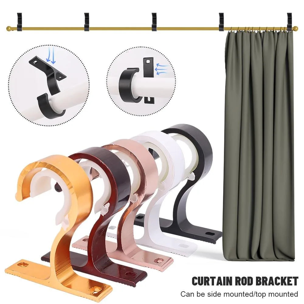 A set of multi-style curtain rod brackets in various colors and finishes for wall mounting.