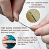 A hand is using a thin stainless steel needle to thread fabric, demonstrating its ease of use compared to traditional needles