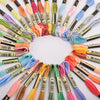 A circular arrangement of various colored embroidery threads for cross stitch and hand embroidery.