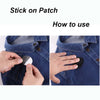 Demonstration showing how to use a stick-on patch on denim fabric.