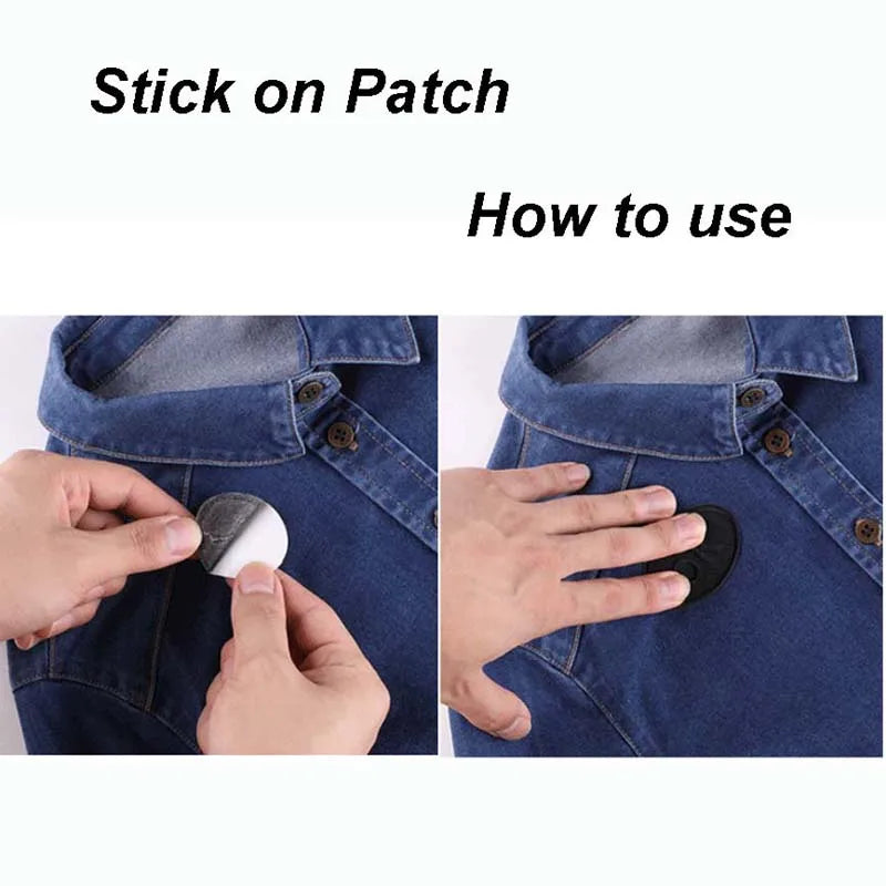Demonstration showing how to use a stick-on patch on denim fabric.