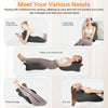 Multi-positional memory foam wedge pillow shown in various uses including neck support, back rest, and leg relaxation.