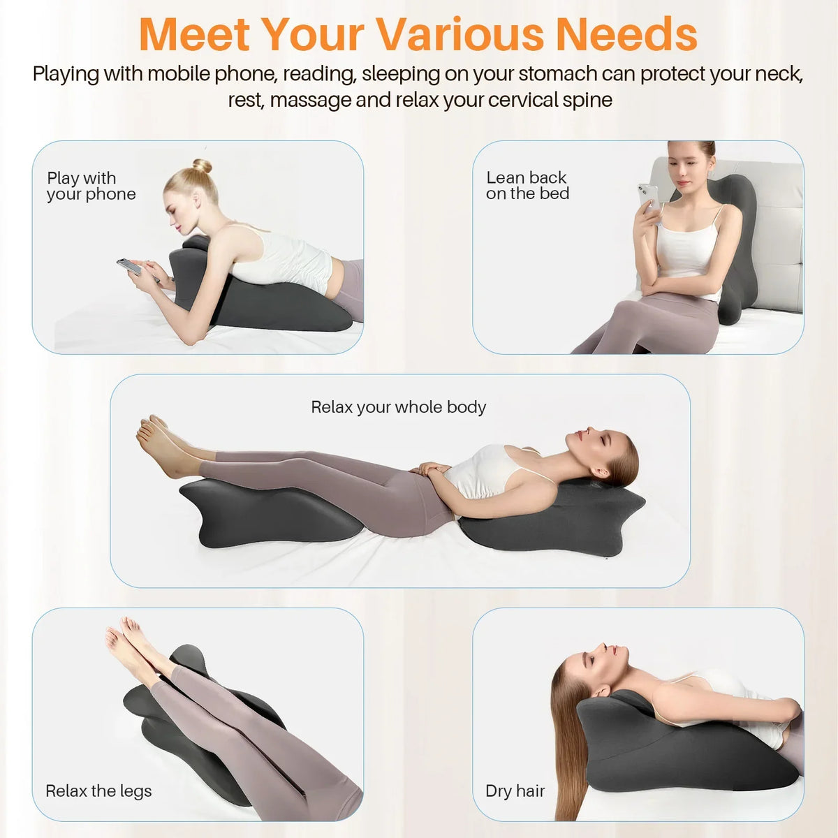 Multi-positional memory foam wedge pillow shown in various uses including neck support, back rest, and leg relaxation.