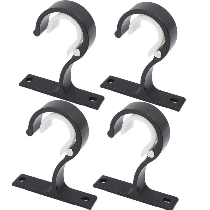 A set of three black multi-style curtain rod brackets for wall mounting.