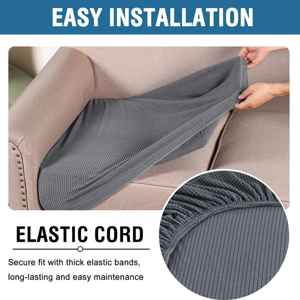 Gray elastic cord slipcover protector for a sofa seat cushion, showing easy installation.