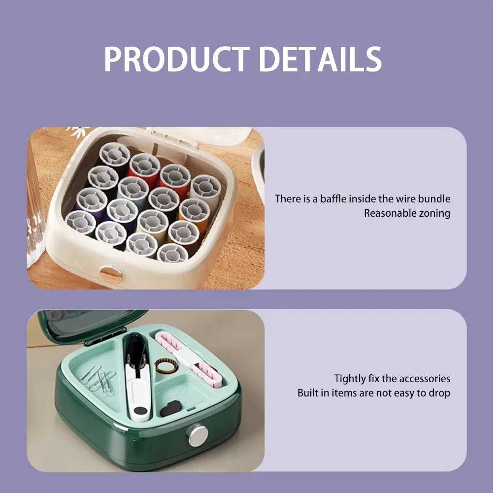 A magnetic sewing kit in a green case showing various accessories and needles.