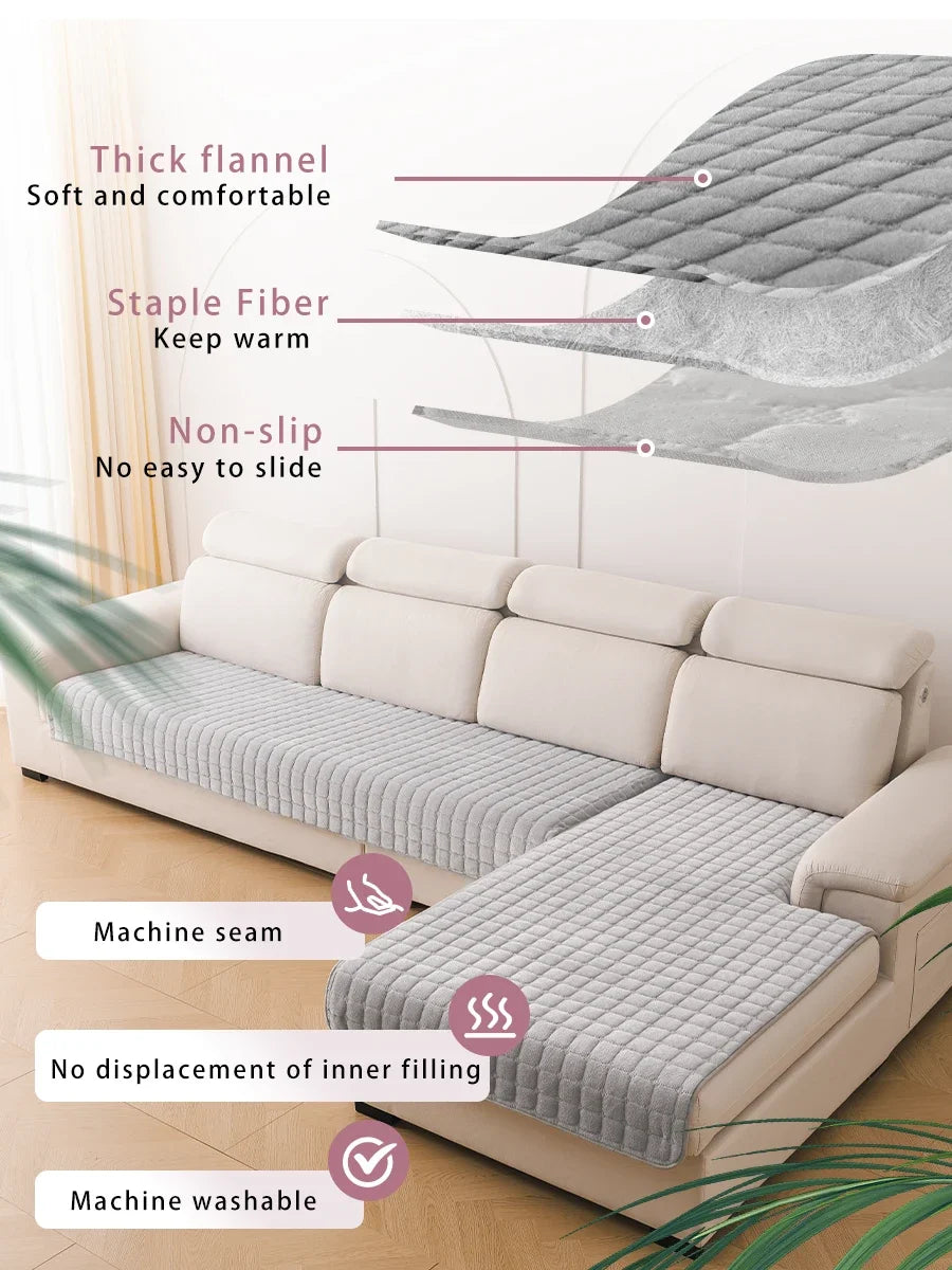 A gray flannel sofa cover is shown with features like thick fabric, staple fiber warmth, non-slip properties, machine seams, 