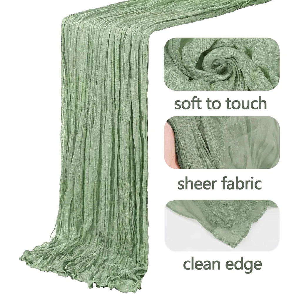 A vertical drape of olive green boho gauze fabric showing soft texture and clean edge.