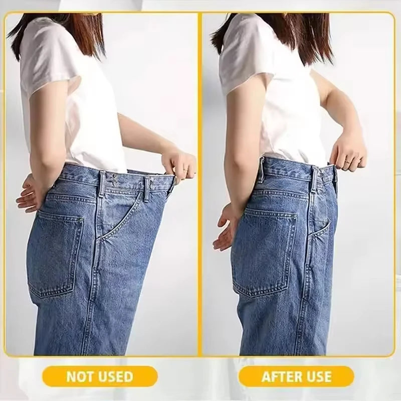 A pair of denim jeans shown before and after applying metal button snaps for clothing and DIY projects