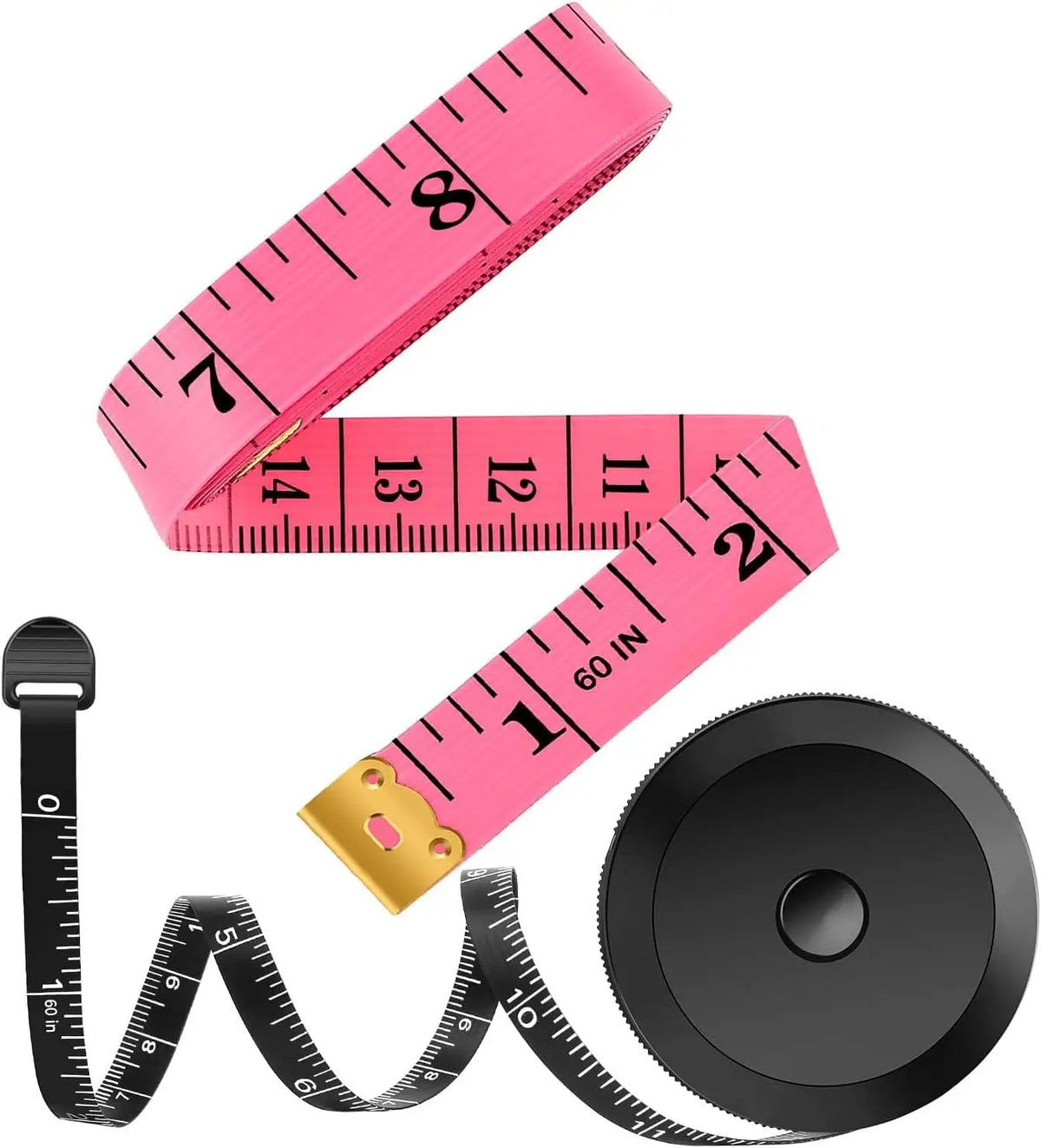 A set of two pink flexible body measuring tapes and a black circular measuring disc.