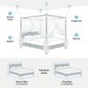 Diagram showing how to attach, drape, and secure a square mosquito net bed canopy for queen or king sized beds.