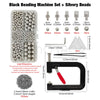 Black beading machine set with silvery beads, including various sized beads and a tool kit.